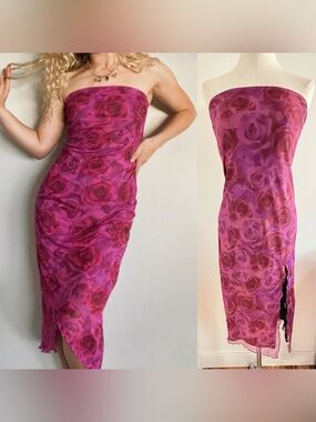 🌹 Vintage Y2K Strapless Rose-Print Mesh Dress in Fuchsia Pink Rose Print